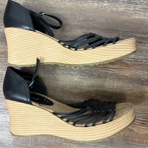 Mudd Y2K Cork Wedge Sandals Heels Size 9.5 Black/Tan Summer Vacation Beach - Picture 3 of 11